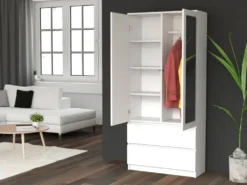 Armadio 2 ante 90x180 cm con specchio bianco opaco AT11