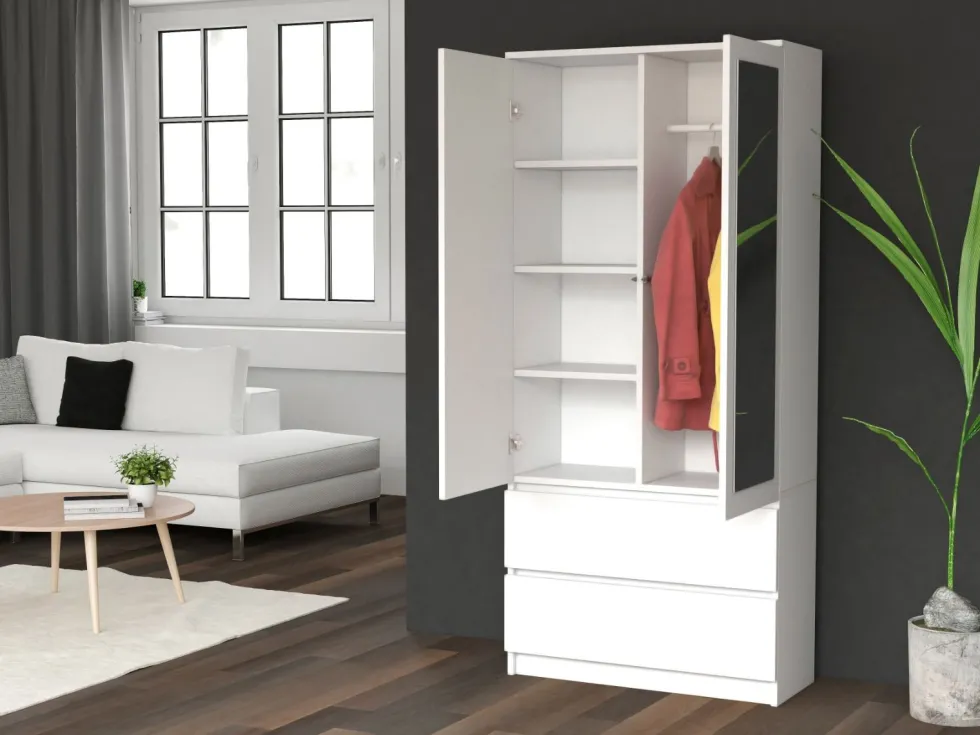 Armadio 2 ante 90x180 cm con specchio bianco opaco AT11
