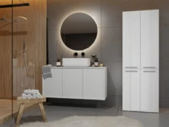 Armadio bagno moderno 60x174 cm con cesto portabiancheria bianco lucido ABT1