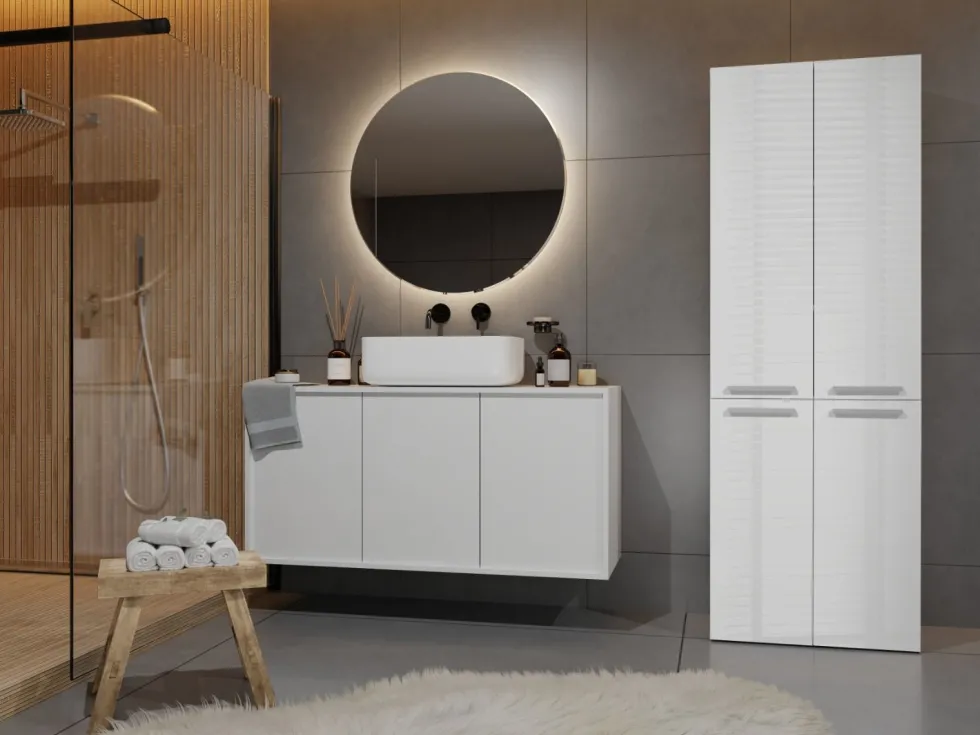 Armadio bagno moderno 60x174 cm con cesto portabiancheria bianco lucido ABT1