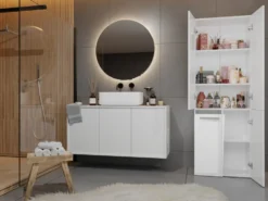 Armadio bagno moderno 60x174 cm con cesto portabiancheria bianco lucido ABT1