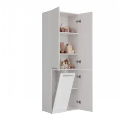 Armadio bagno moderno 60x174 cm con cesto portabiancheria bianco lucido ABT1