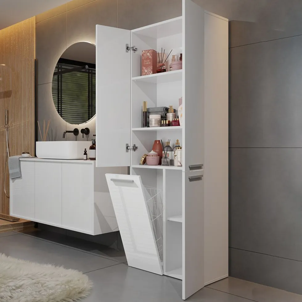 Armadio bagno moderno 60x174 cm con cesto portabiancheria bianco lucido ABT1