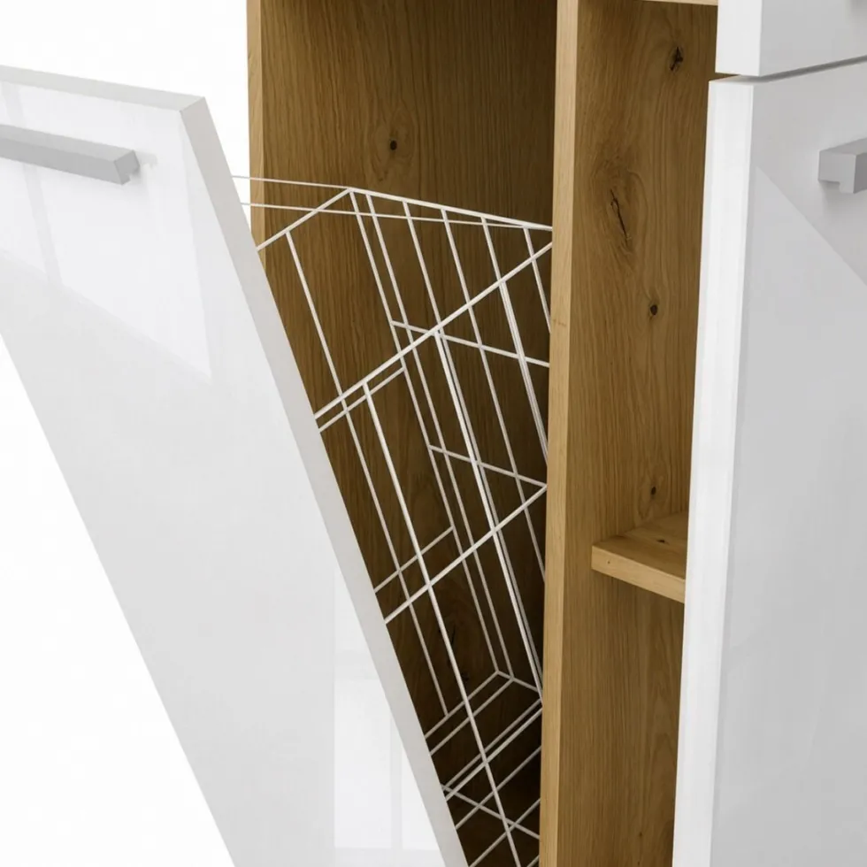 Armadio bagno moderno 60x174 cm con cesto portabiancheria bianco lucido e rovere ABT1