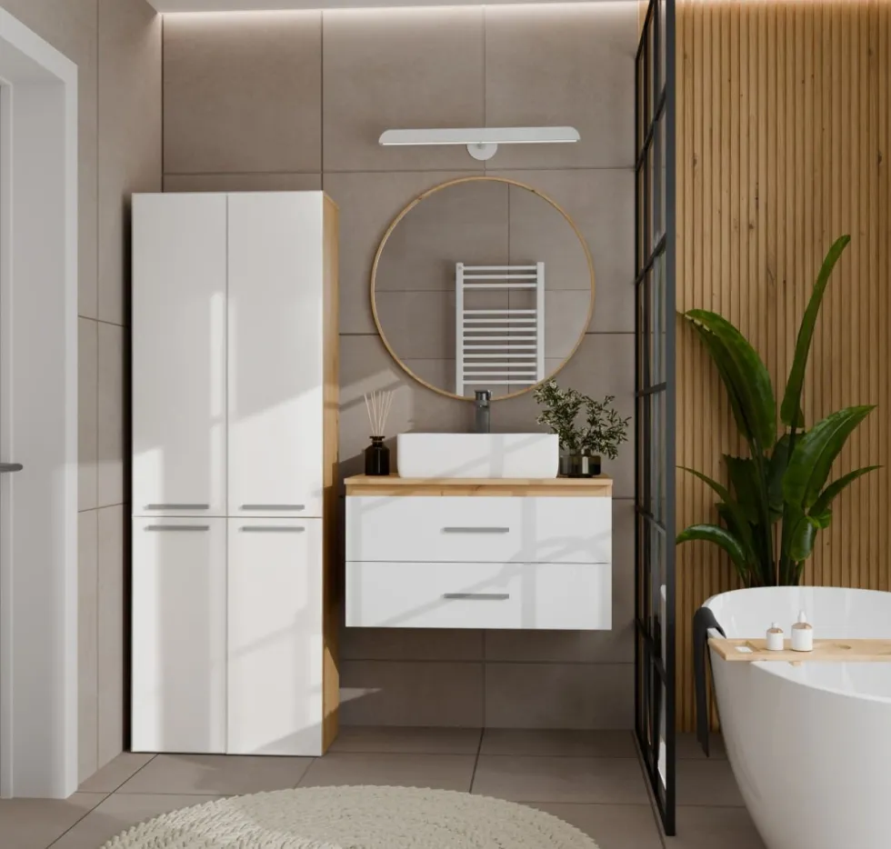 Armadio bagno moderno 60x174 cm con cesto portabiancheria bianco lucido e rovere ABT1