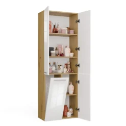 Armadio bagno moderno 60x174 cm con cesto portabiancheria bianco lucido e rovere ABT1