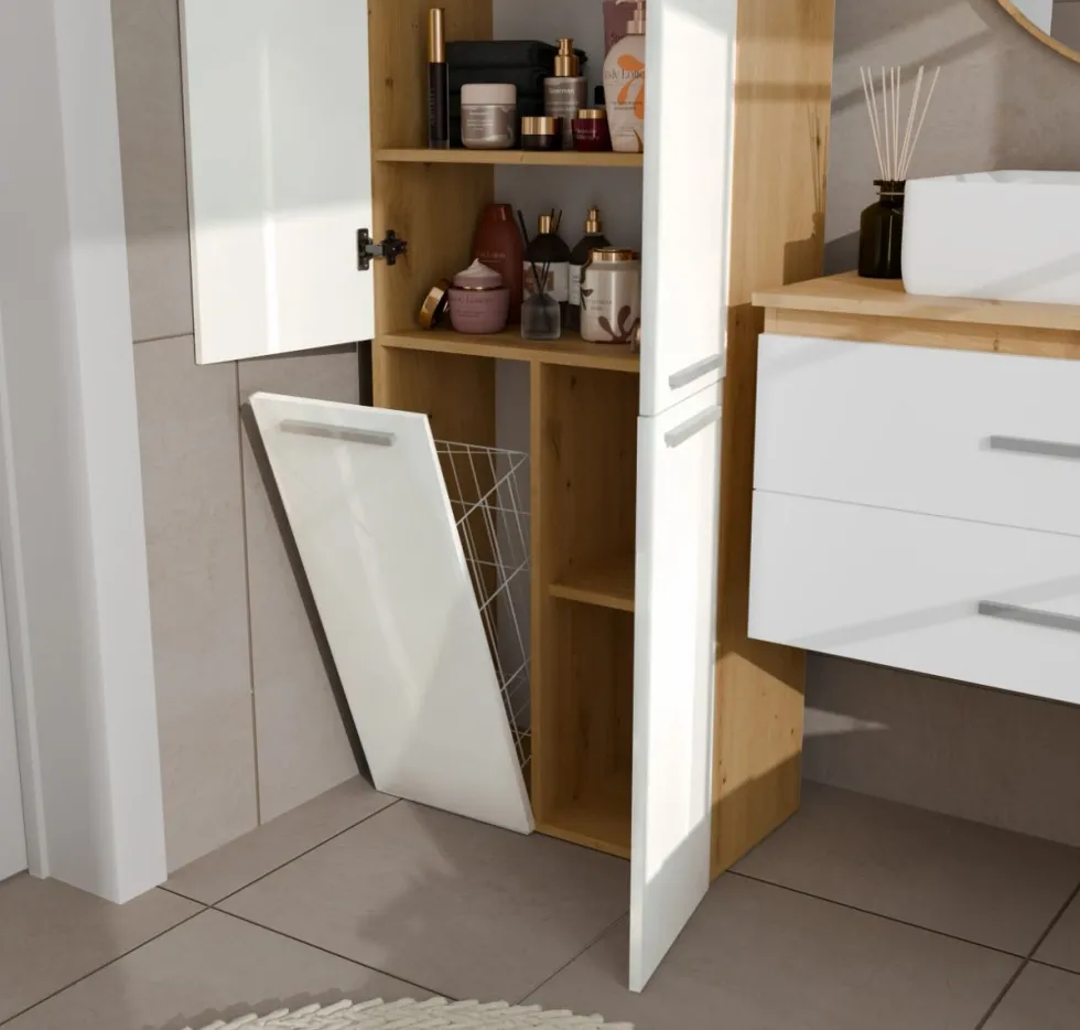 Armadio bagno moderno 60x174 cm con cesto portabiancheria bianco lucido e rovere ABT1