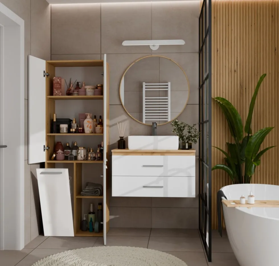 Armadio bagno moderno 60x174 cm con cesto portabiancheria bianco lucido e rovere ABT1