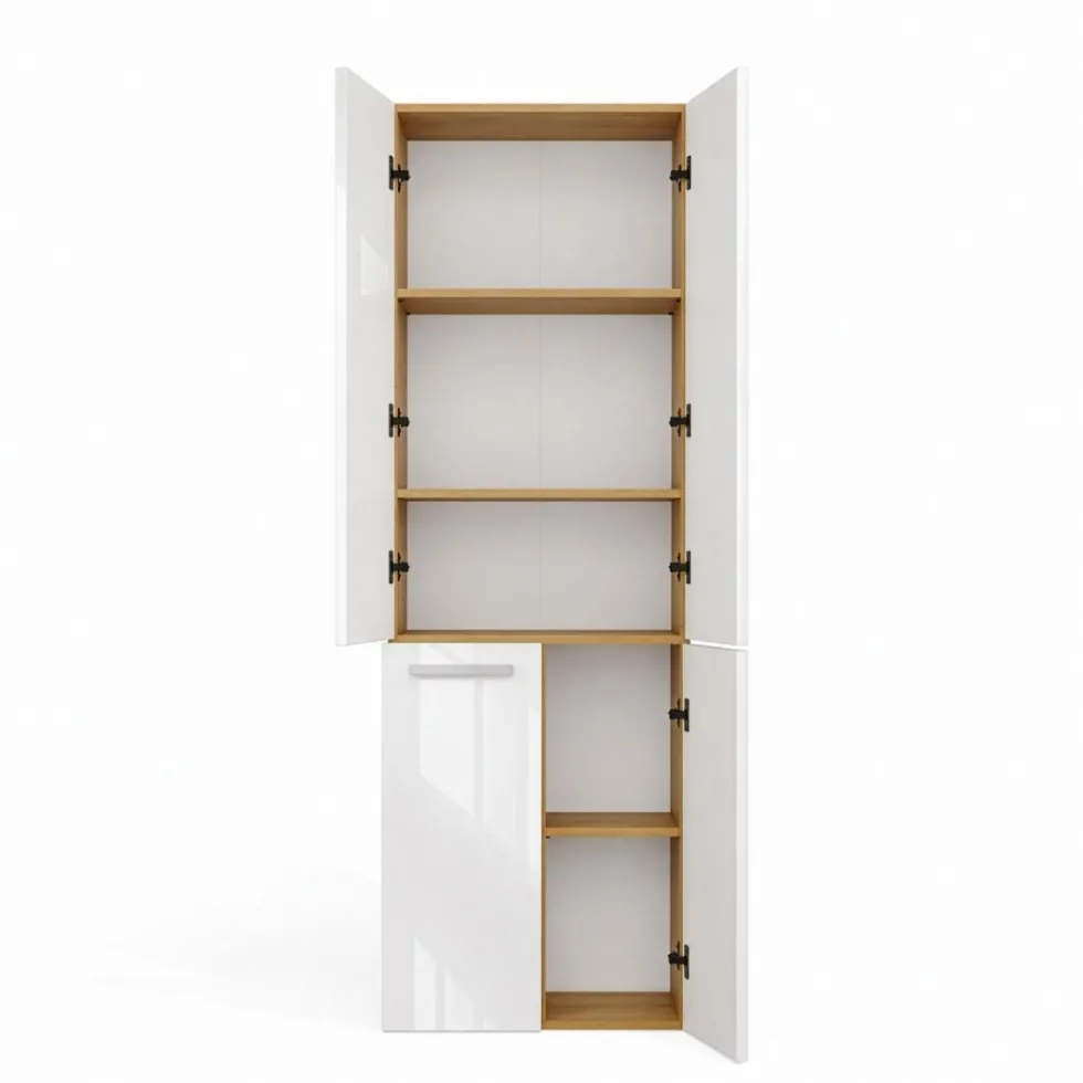 Armadio bagno moderno 60x174 cm con cesto portabiancheria bianco lucido e rovere ABT1