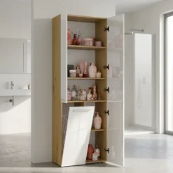 Armadio bagno moderno 60x174 cm con cesto portabiancheria bianco lucido e rovere ABT1