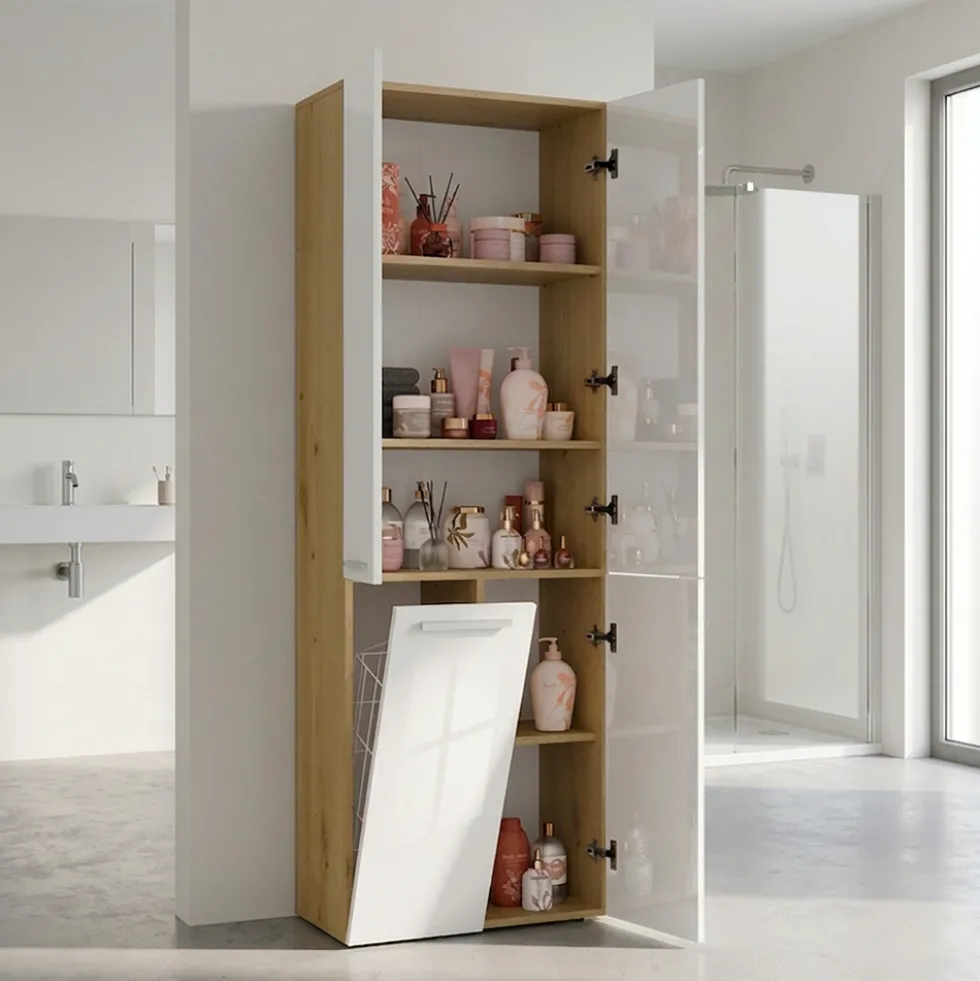 Armadio bagno moderno 60x174 cm con cesto portabiancheria bianco lucido e rovere ABT1