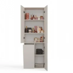 Armadio bagno moderno 60x174 cm con cesto portabiancheria beige cashmere ABT1