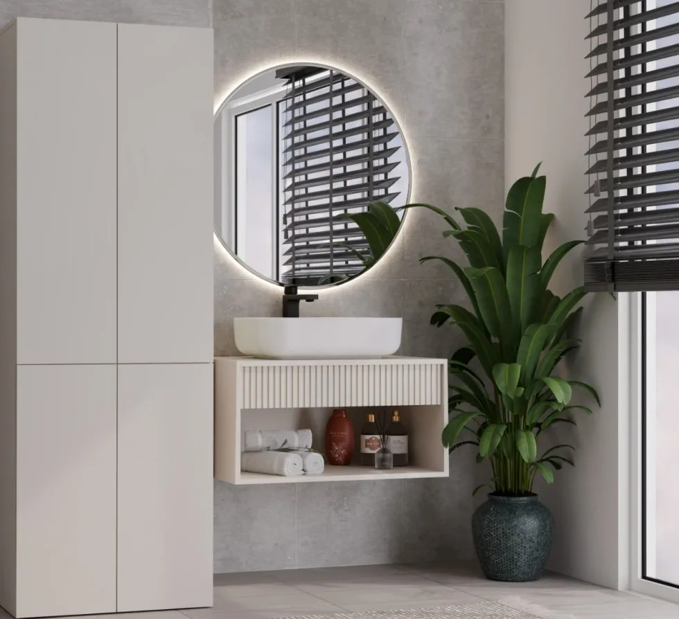 Armadio bagno moderno 60x174 cm con cesto portabiancheria beige cashmere ABT1