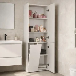 Armadio bagno moderno 60x174 cm con cesto portabiancheria beige cashmere ABT1