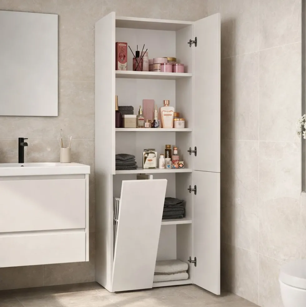 Armadio bagno moderno 60x174 cm con cesto portabiancheria beige cashmere ABT1