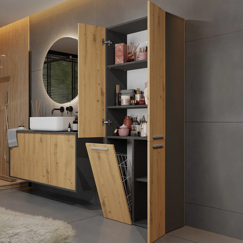 Armadio bagno moderno 60x174 cm con cesto portabiancheria rovere e antracite ABT1