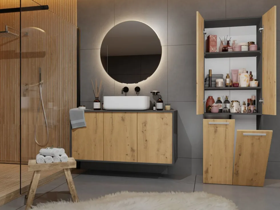 Armadio bagno moderno 60x174 cm con cesto portabiancheria rovere e antracite ABT1
