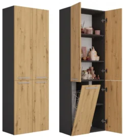 Armadio bagno moderno 60x174 cm con cesto portabiancheria rovere e antracite ABT1
