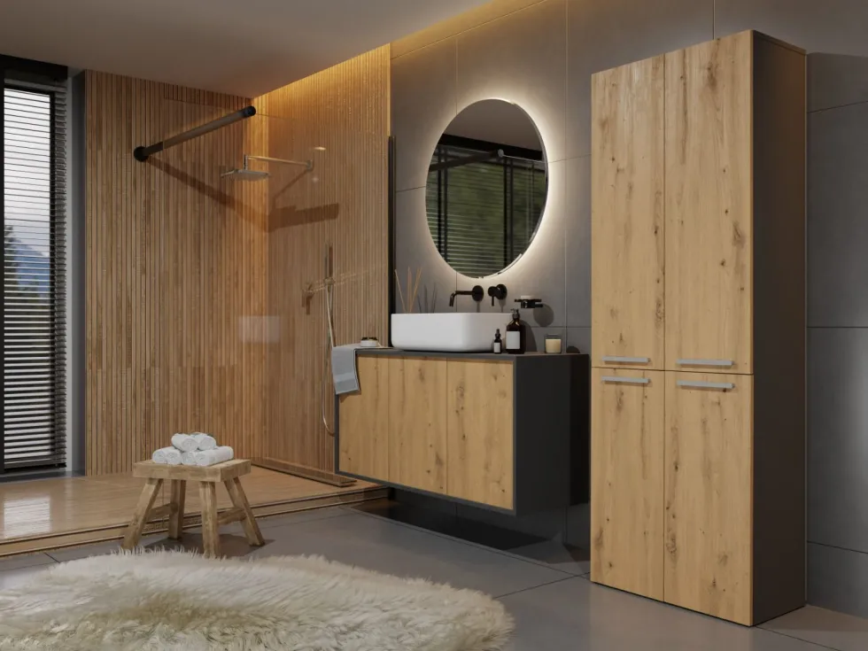 Armadio bagno moderno 60x174 cm con cesto portabiancheria rovere e antracite ABT1