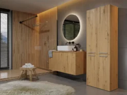 Armadio bagno moderno 60x174 cm con cesto portabiancheria rovere ABT1