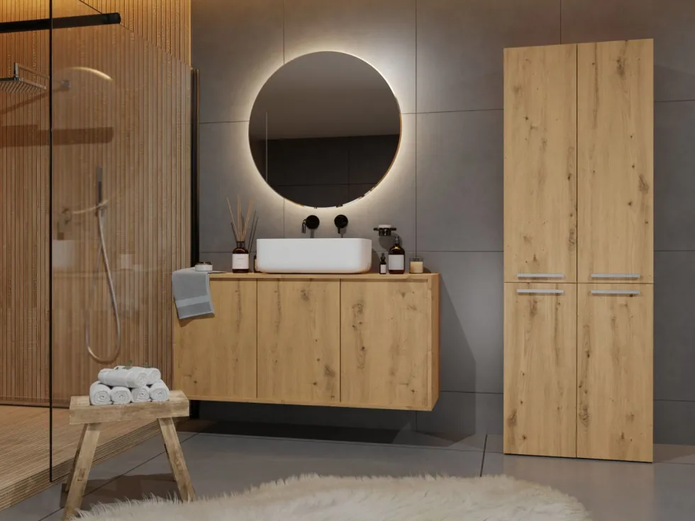 Armadio bagno moderno 60x174 cm con cesto portabiancheria rovere ABT1