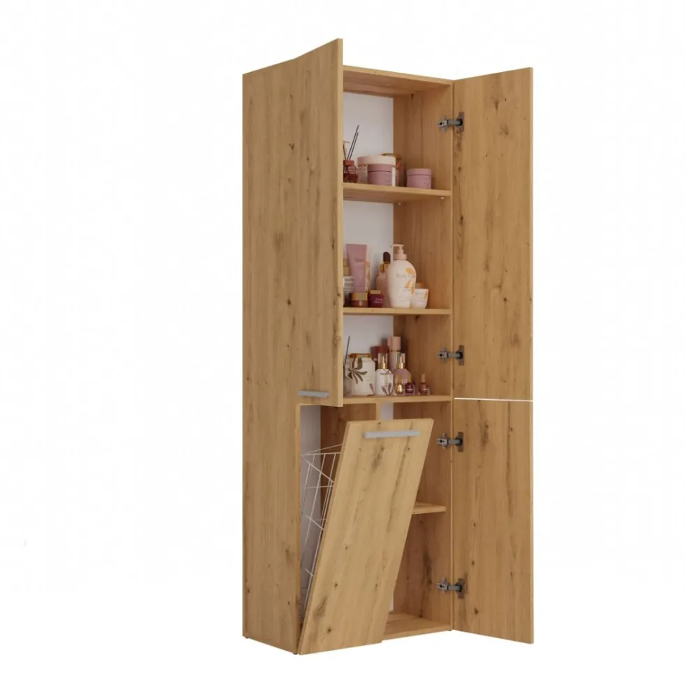 Armadio bagno moderno 60x174 cm con cesto portabiancheria rovere ABT1