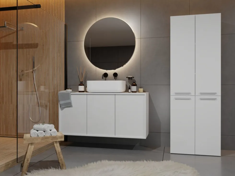Armadio bagno moderno 60x174 cm con cesto portabiancheria bianco opaco ABT1