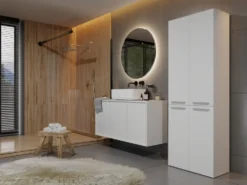 Armadio bagno moderno 60x174 cm con cesto portabiancheria bianco opaco ABT1