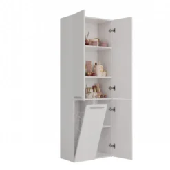 Armadio bagno moderno 60x174 cm con cesto portabiancheria bianco opaco ABT1
