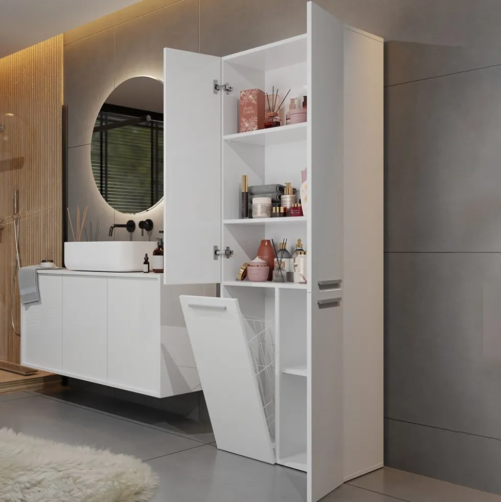 Armadio bagno moderno 60x174 cm con cesto portabiancheria bianco opaco ABT1