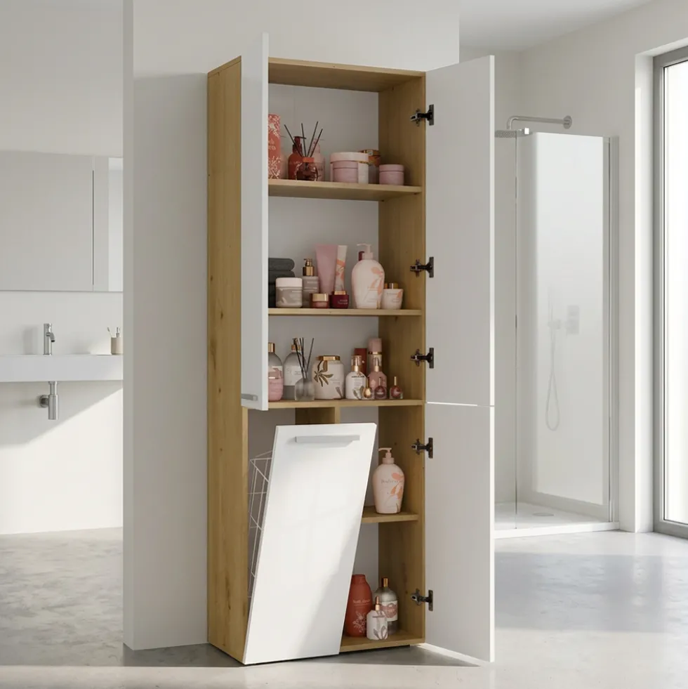 Armadio bagno moderno 60x174 cm con cesto portabiancheria bianco e rovere ABT1