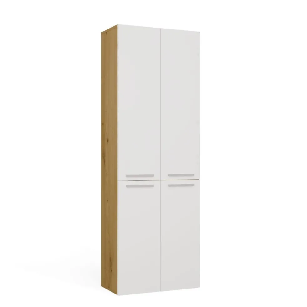 Armadio bagno moderno 60x174 cm con cesto portabiancheria bianco e rovere ABT1