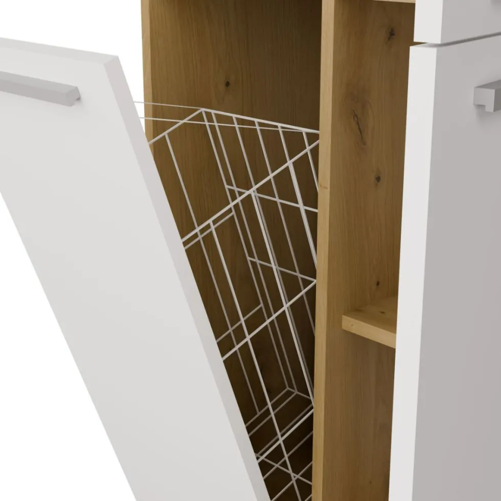 Armadio bagno moderno 60x174 cm con cesto portabiancheria bianco e rovere ABT1
