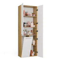 Armadio bagno moderno 60x174 cm con cesto portabiancheria bianco e rovere ABT1