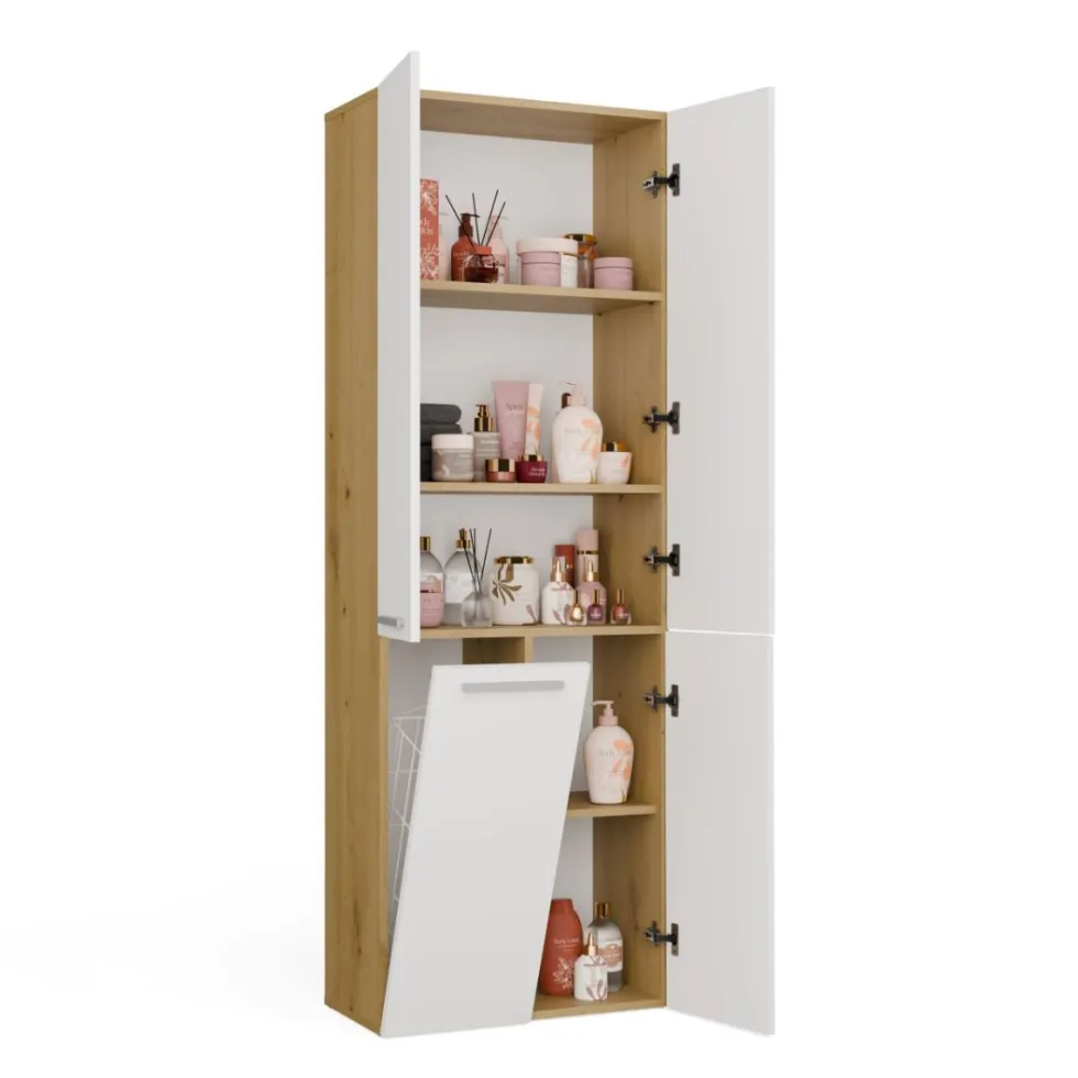 Armadio bagno moderno 60x174 cm con cesto portabiancheria bianco e rovere ABT1