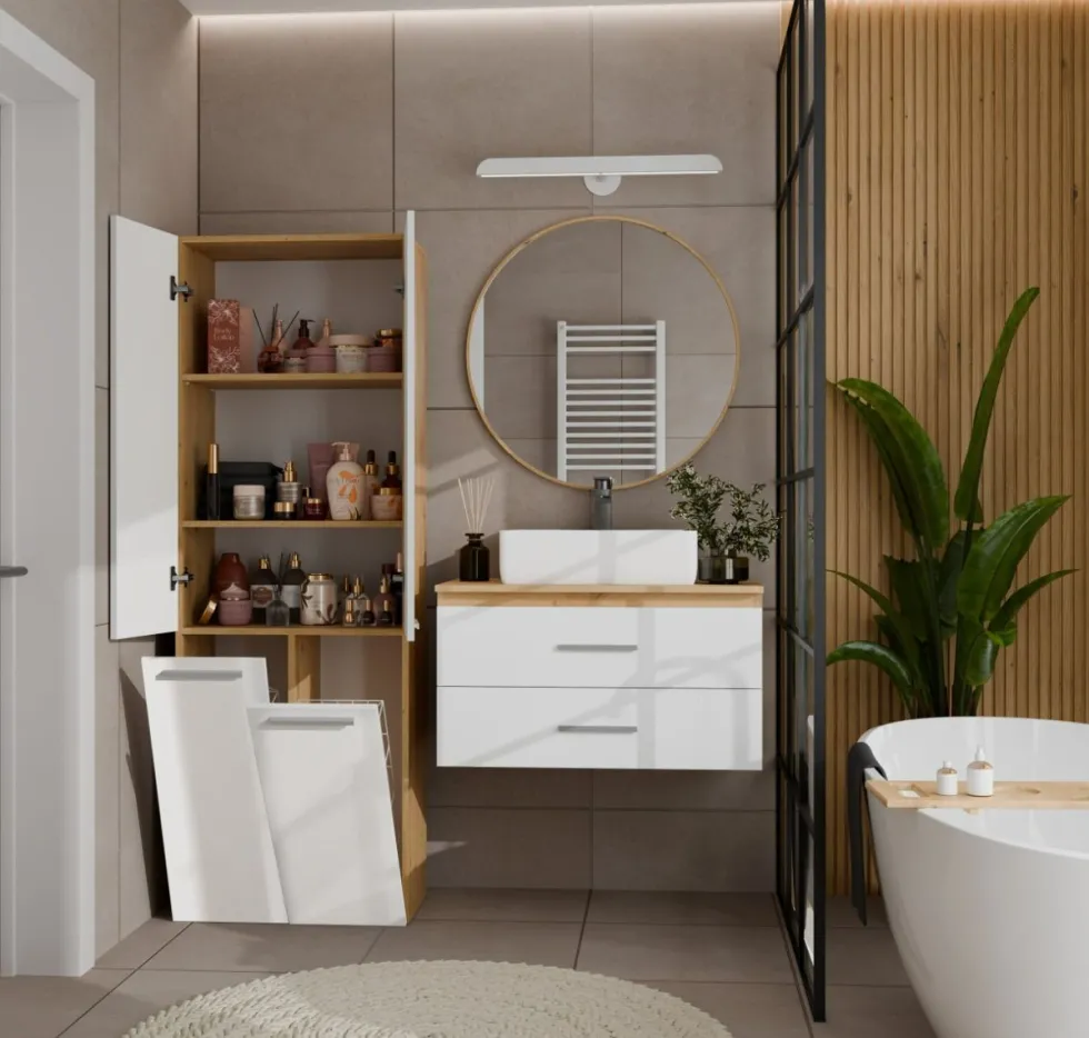 Armadio bagno salvaspazio 60x174 cm con 2 cesti portabiancheria bianco lucido e rovere ABT3