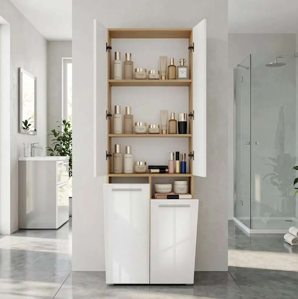 Armadio bagno salvaspazio 60x174 cm con 2 cesti portabiancheria bianco lucido e rovere ABT3