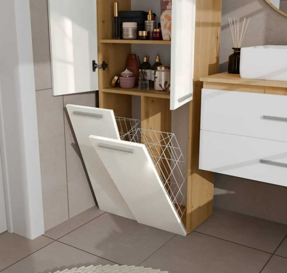 Armadio bagno salvaspazio 60x174 cm con 2 cesti portabiancheria bianco lucido e rovere ABT3