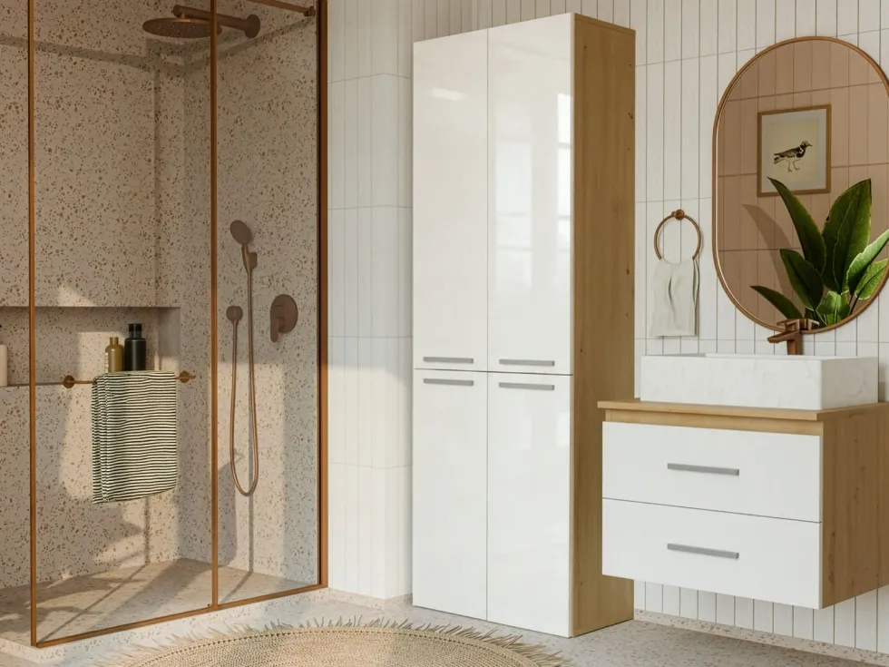 Armadio bagno salvaspazio 60x174 cm con 2 cesti portabiancheria bianco lucido e rovere ABT3
