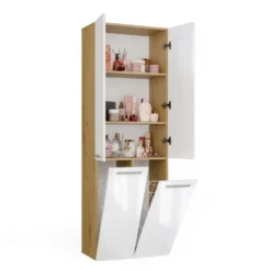 Armadio bagno salvaspazio 60x174 cm con 2 cesti portabiancheria bianco lucido e rovere ABT3