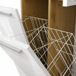 Armadio bagno salvaspazio 60x174 cm con 2 cesti portabiancheria bianco lucido e rovere ABT3