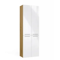 Armadio bagno salvaspazio 60x174 cm con 2 cesti portabiancheria bianco lucido e rovere ABT3
