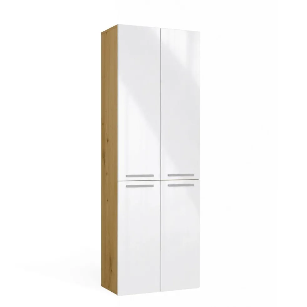 Armadio bagno salvaspazio 60x174 cm con 2 cesti portabiancheria bianco lucido e rovere ABT3