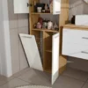 Armadio bagno salvaspazio 60x174 cm con cesto portabiancheria bianco lucido e rovere ABT2