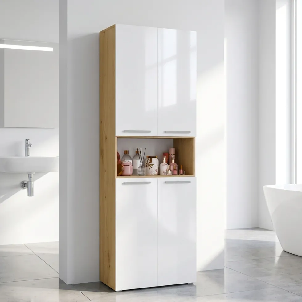 Armadio bagno salvaspazio 60x174 cm con cesto portabiancheria bianco lucido e rovere ABT2