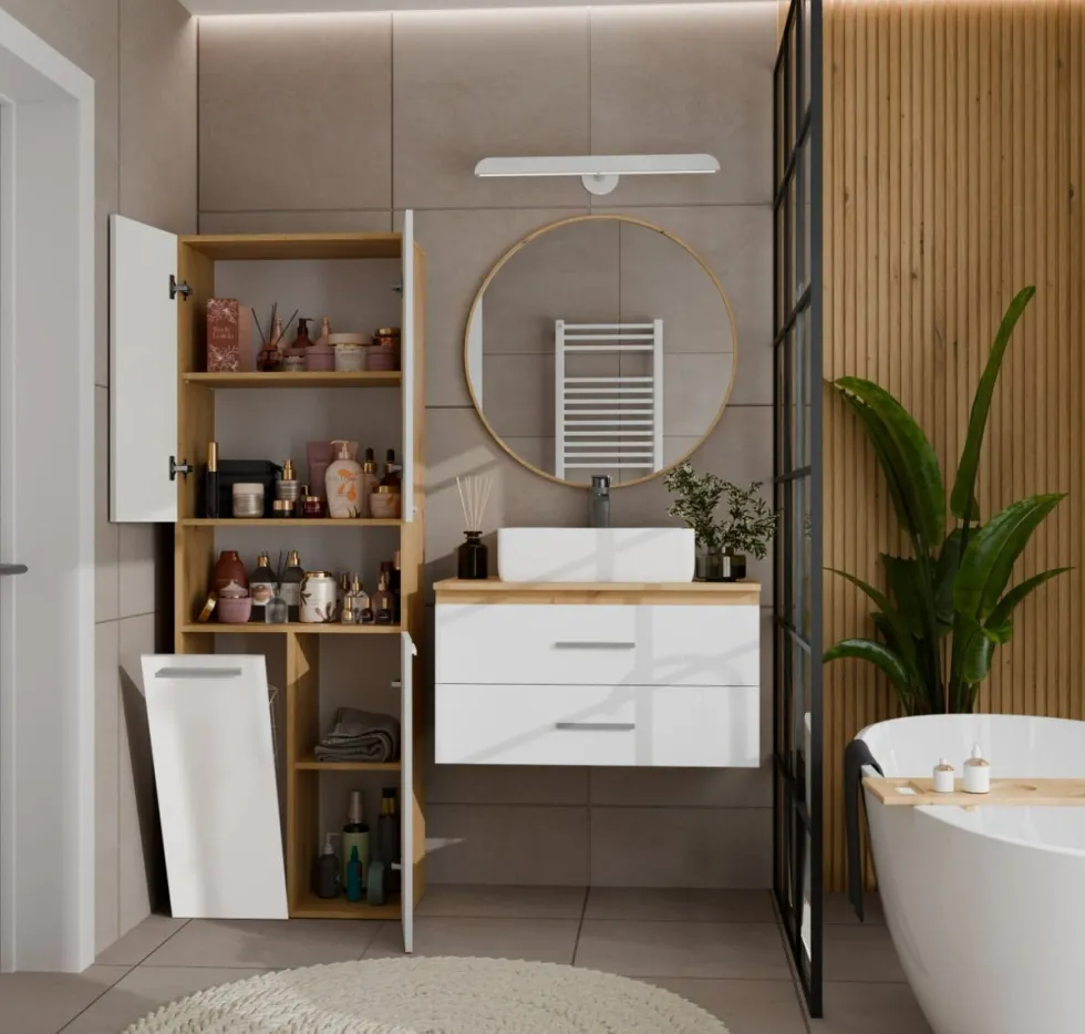 Armadio bagno salvaspazio 60x174 cm con cesto portabiancheria bianco lucido e rovere ABT2