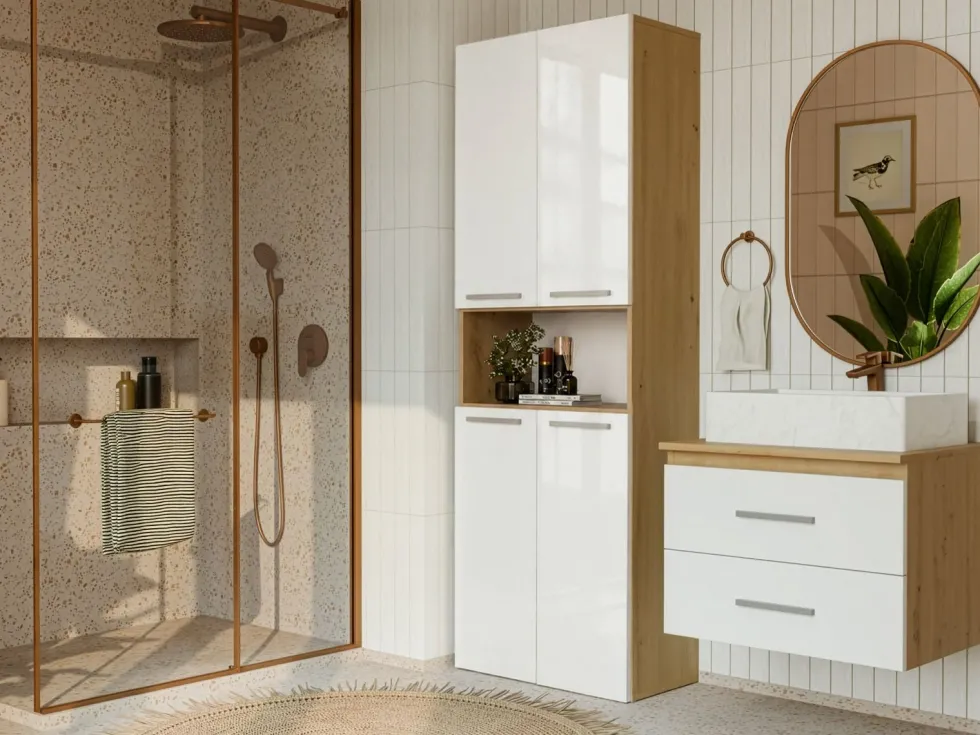 Armadio bagno salvaspazio 60x174 cm con cesto portabiancheria bianco lucido e rovere ABT2