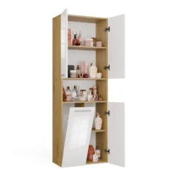 Armadio bagno salvaspazio 60x174 cm con cesto portabiancheria bianco lucido e rovere ABT2