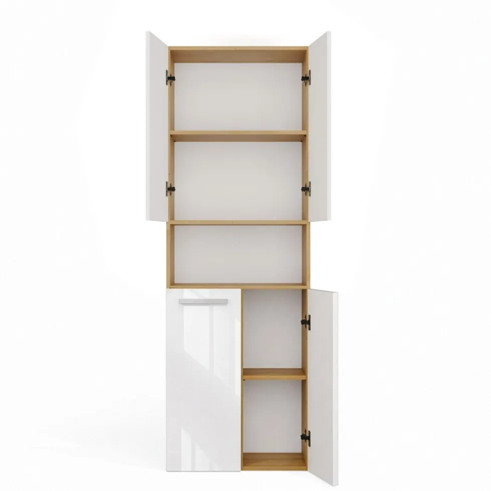 Armadio bagno salvaspazio 60x174 cm con cesto portabiancheria bianco lucido e rovere ABT2