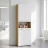 Armadio bagno salvaspazio 60x174 cm con cesto portabiancheria bianco e rovere ABT2